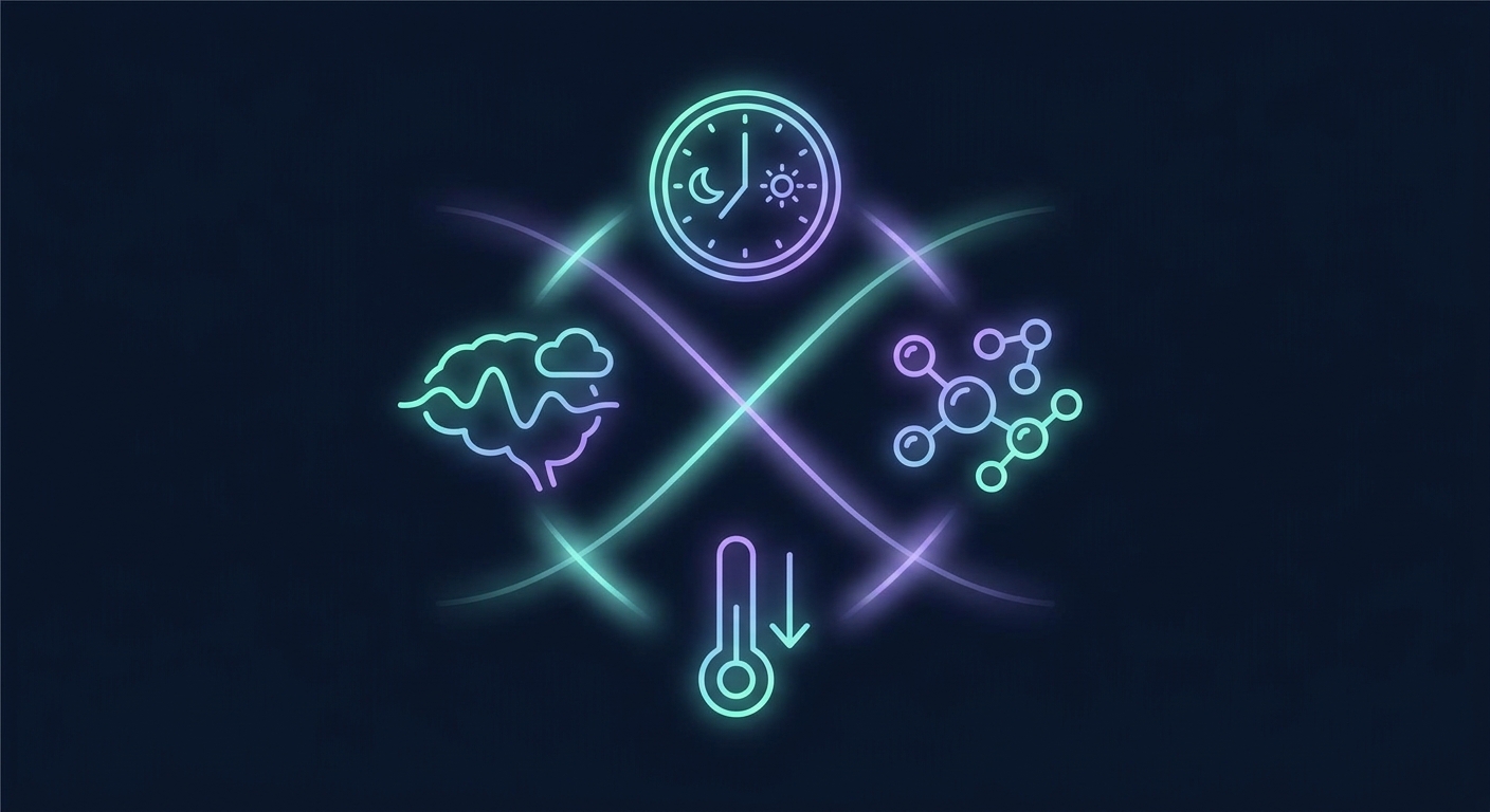 Illustration of four biological pathways through which exercise improves sleep including temperature regulation and circadian rhythm synchronization