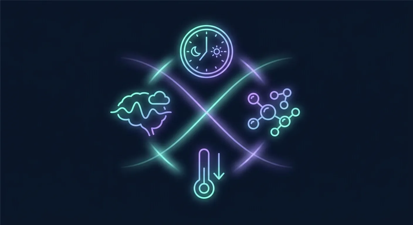 Illustration von vier biologischen Wegen, durch die Sport den Schlaf verbessert, darunter Temperaturregulierung und Synchronisierung des zirkadianen Rhythmus