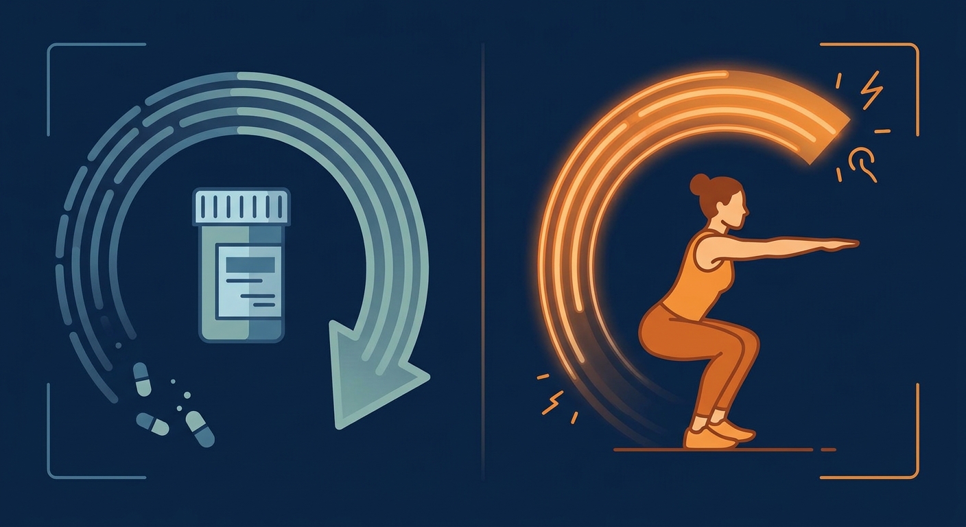 Comparison illustration showing the contrasting long-term trajectories of exercise and sleep medication for improving sleep quality