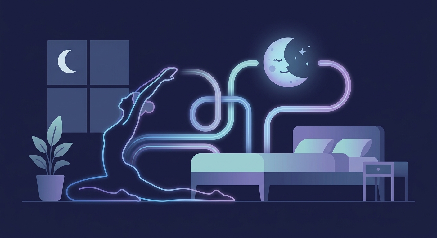 Illustration of the relationship between regular physical activity and improved sleep quality showing a person in a restful sleep environment
