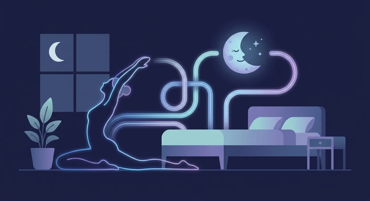 Illustration der Beziehung zwischen regelmäßiger körperlicher Aktivität und verbesserter Schlafqualität mit einer Person in einer erholsamen Schlafumgebung