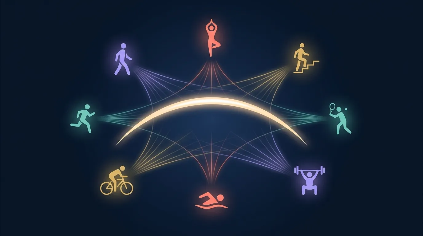 Conceptual illustration of multiple exercise modalities walking running cycling weightlifting yoga and racquet sports arranged around a longevity timeline showing combined activities contribute to a longer life
