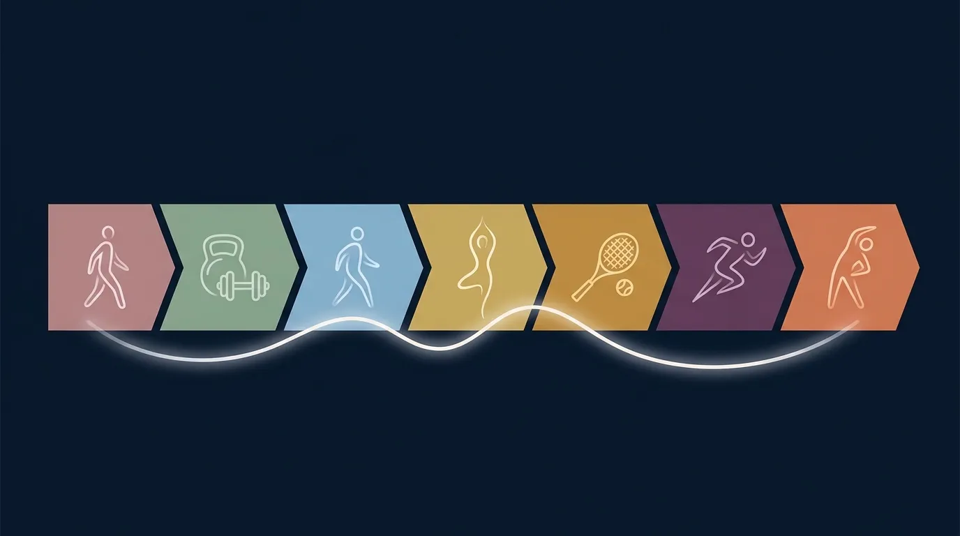 Conceptual weekly schedule visual showing a mixed routine with walking sessions strength training day a racquet sport play day and mobility work distributed across the week as a balanced multi-modal training pattern