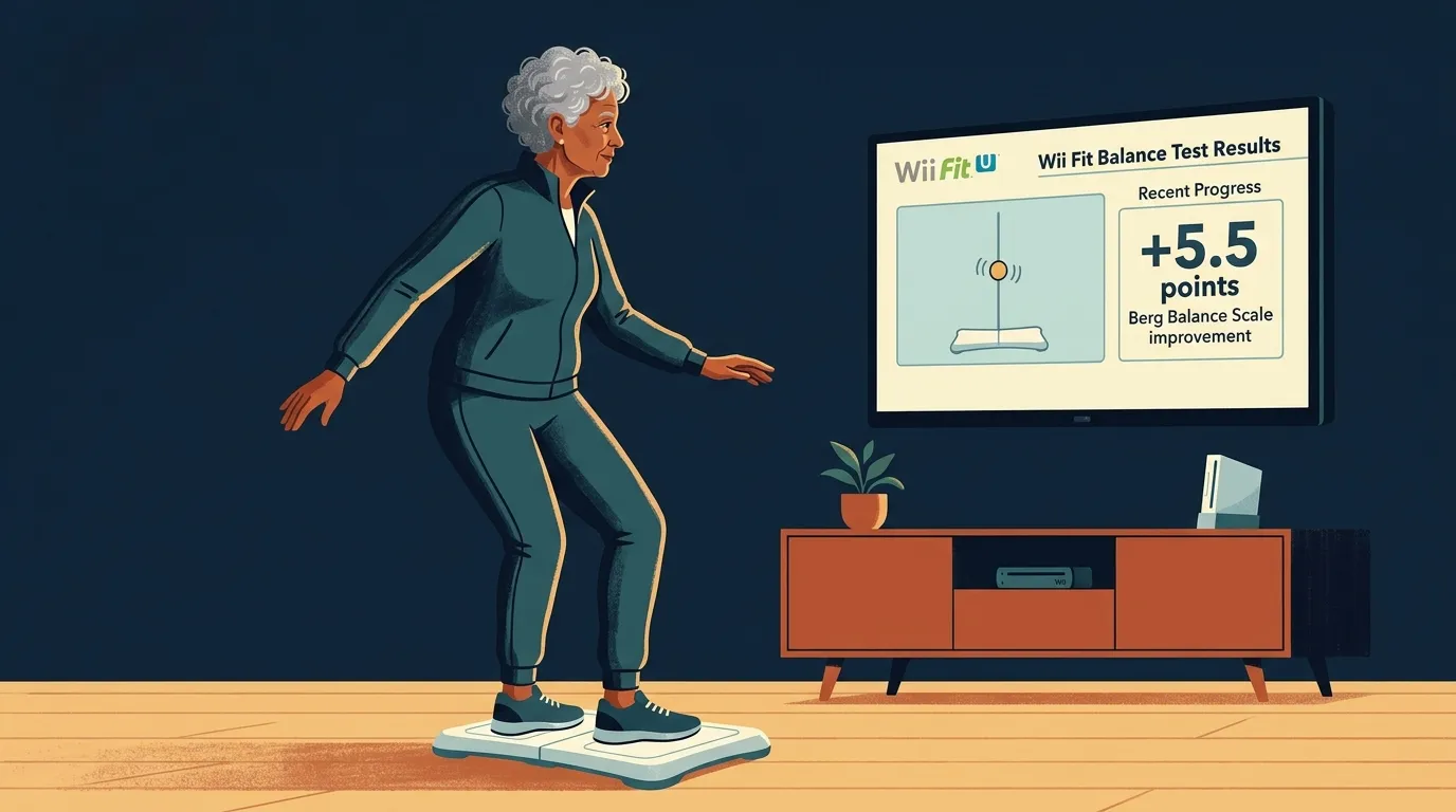 Older adult performing balance training on Wii Fit board with screen feedback showing Berg Balance Scale improvement of 5.5 points for fall risk reduction
