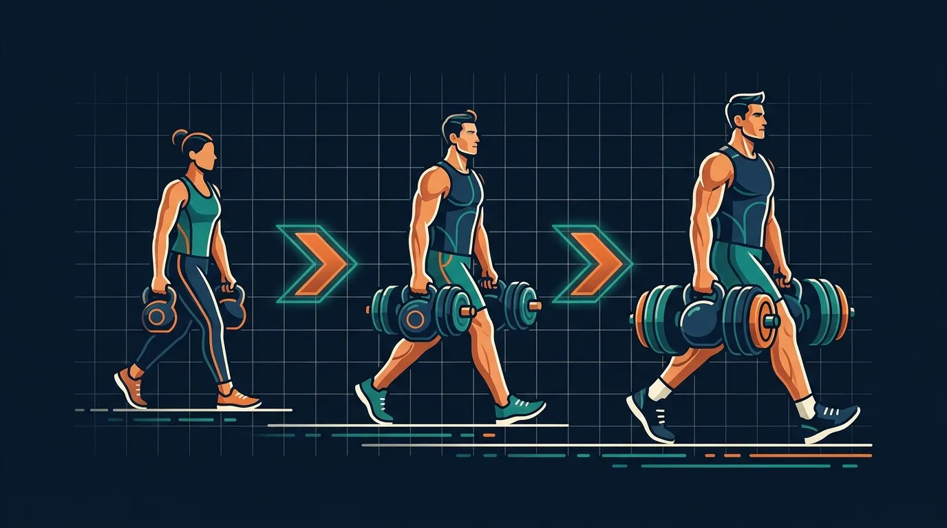 Konzeptionelle Illustration, die die Lastprogression beim Farmer's Carry vergleicht: von der Anfängerlast eines Drittels des Körpergewichts bis zur Zwischenstufe mit dem gesamten Körpergewicht über die Distanz
