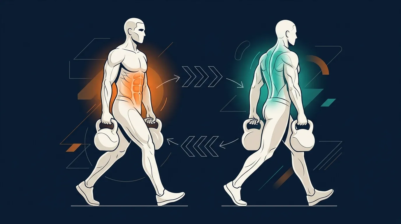 Konzeptionelle Illustration, die zeigt, wie die Bauchmuskeln in der Standphase und die Rückenstrecker in der Schwungphase eines belasteten Carry-Gangzyklus aktiv werden