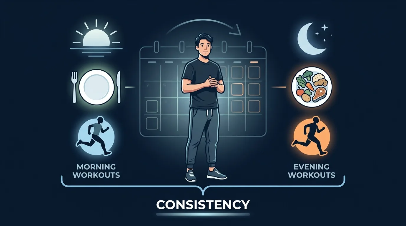 Conceptual illustration of a person choosing their workout time based on schedule and comfort with no preference between fasted morning training or fed evening training