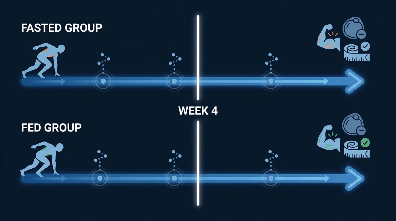 Conceptual visualization of a randomized controlled trial comparing fasted and fed aerobic exercise over four weeks showing similar body fat loss outcomes between groups