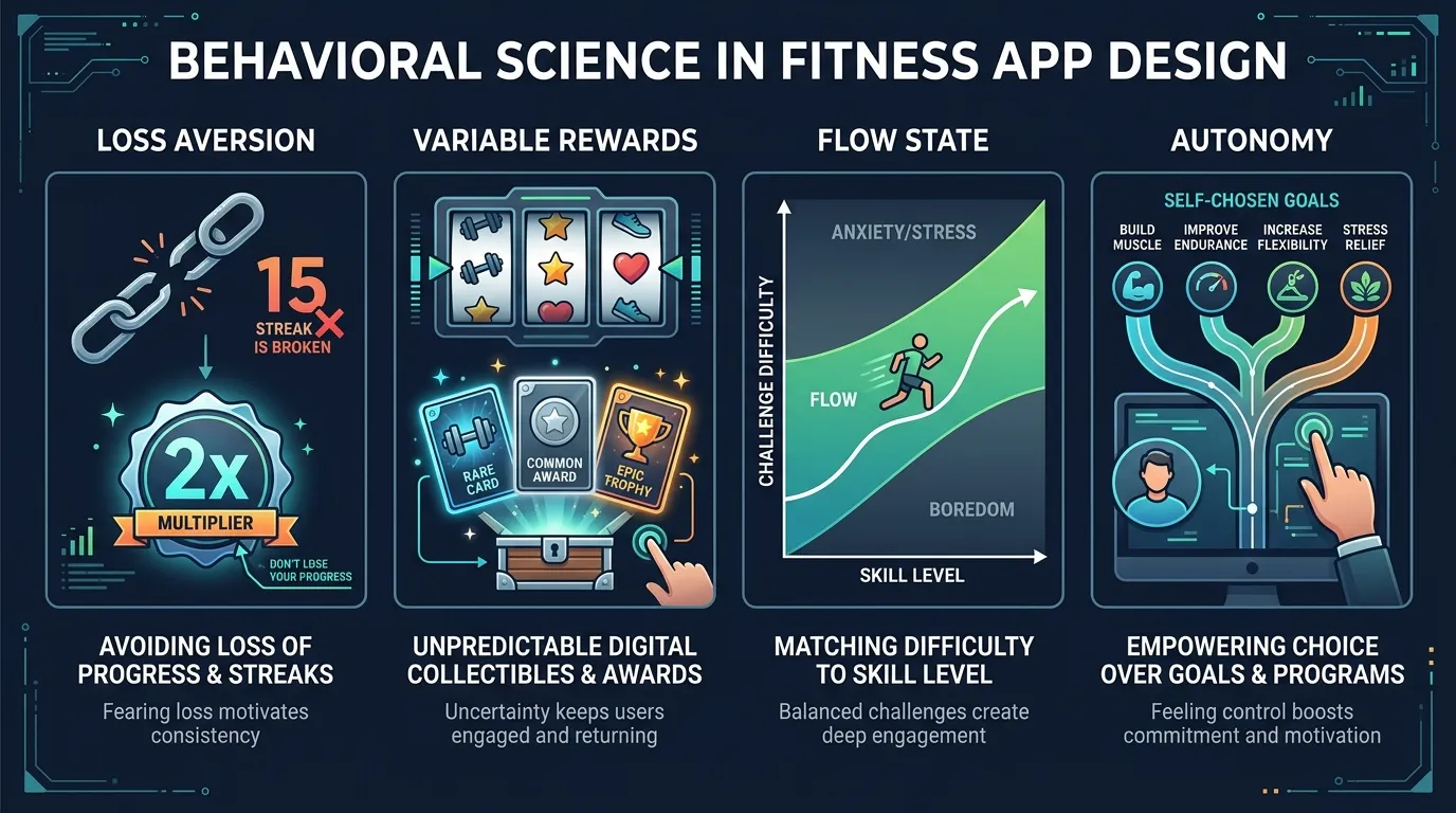 Four behavioral science mechanisms in fitness app design: loss aversion for streaks, variable rewards for collectible cards, flow state for adaptive difficulty, and autonomy for self-chosen goals