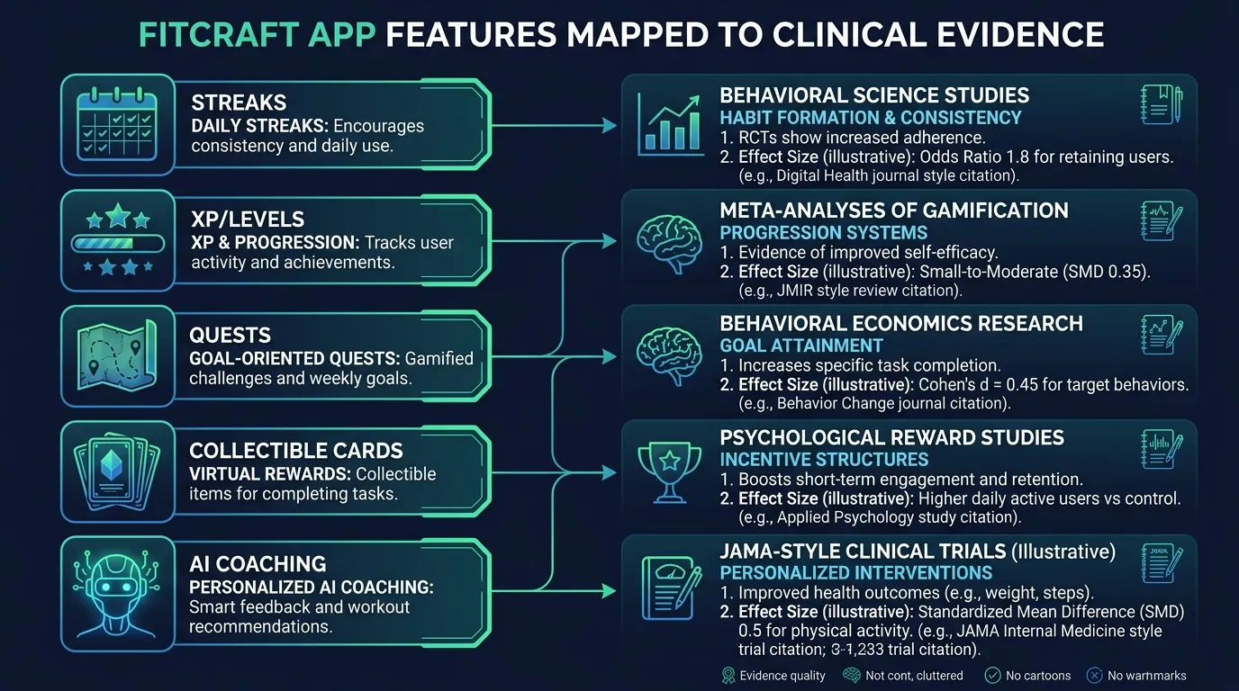 Flowchart mapping FitCraft app features like streaks, XP, quests, and AI coaching to specific clinical trial evidence from JAMA with effect sizes