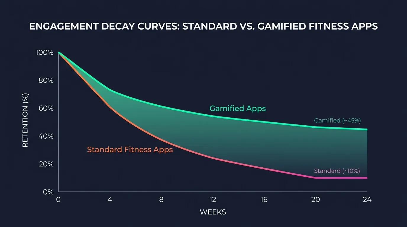 Line graph comparing engagement decay curves for standard fitness apps versus gamified apps showing standard apps lose most users by week 20 while gamified apps maintain higher retention