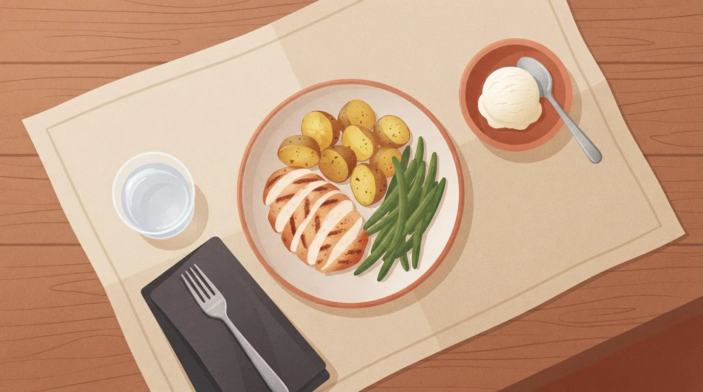Vista cenital de una cena de dieta flexible sobre un mantel individual de lino arena: pollo a la plancha en rodajas, patatas asadas y judías verdes, un pequeño cuenco de terracota con helado de vainilla y una cuchara, y un vaso de agua