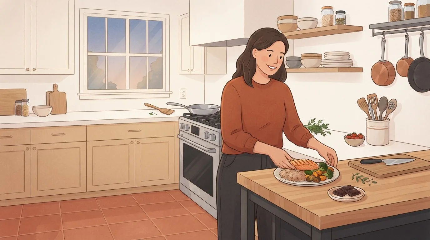 Una mujer en una cocina cálida color terracota sirve una cena de dieta flexible con salmón a la plancha, arroz y verduras asadas, con dos cuadritos de chocolate negro en un platito junto al plato