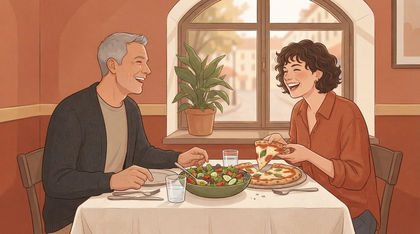 Dos amigos de cuarenta y tantos años ríen en una mesa de restaurante junto a una ventana, compartiendo una pizza y una ensalada verde grande, para ilustrar cómo la dieta flexible encaja con las comidas sociales