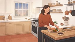 A woman in a warm terracotta kitchen plating a flexible dieting dinner of grilled salmon, rice and roasted vegetables, with two squares of dark chocolate on a small dish beside the plate