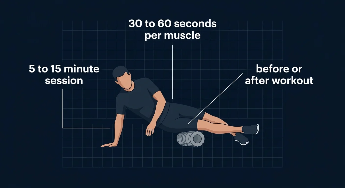 Concept illustration of a practical foam rolling protocol with rolling time guidance per muscle group placement before or after workout and indicators showing which contexts benefit most