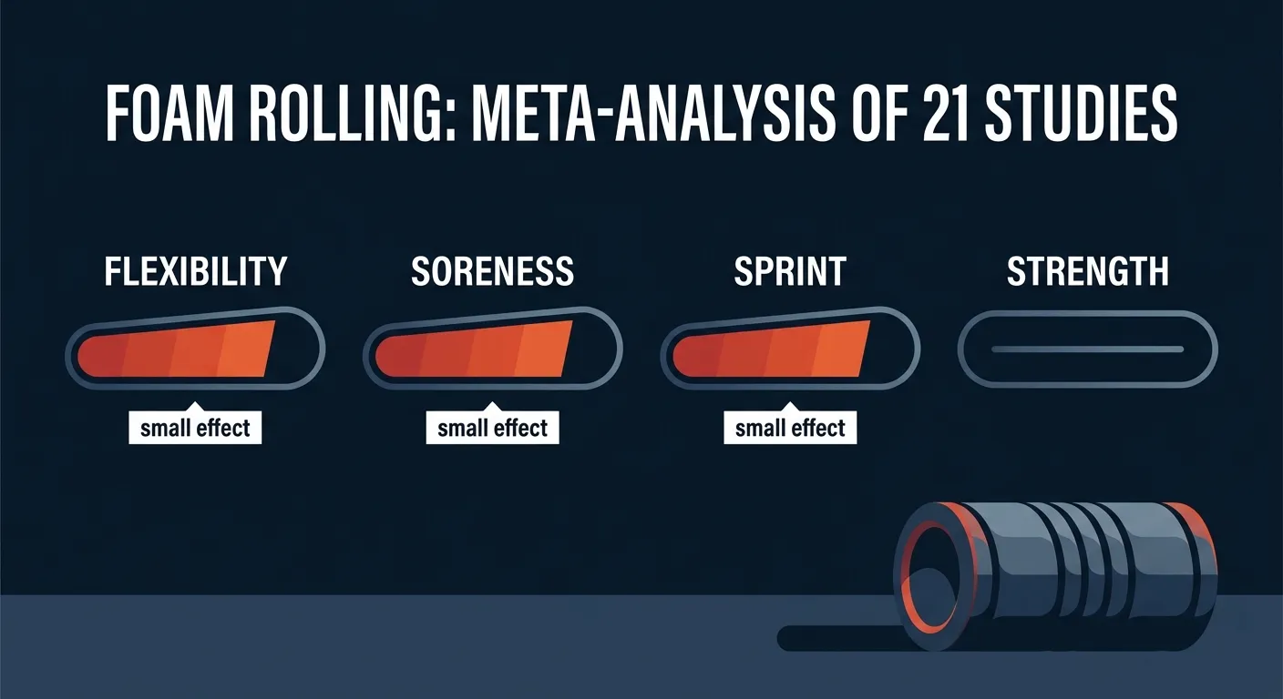 Illustration ranking foam rolling effects from a meta-analysis of 21 studies showing small benefits for flexibility soreness reduction and sprint performance with minimal impact on strength or jumping power