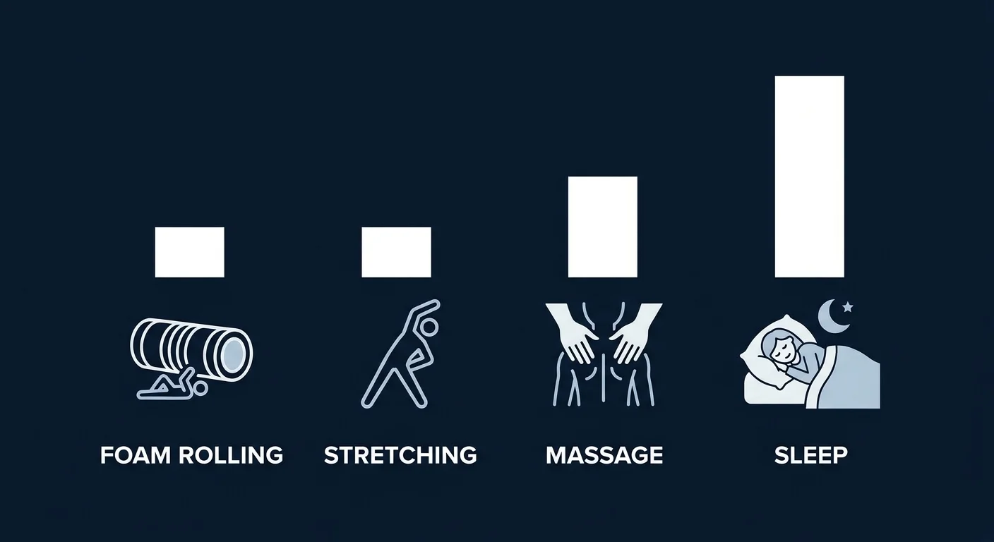 Side by side concept illustration comparing foam rolling stretching massage and sleep showing massage and sleep produce the largest recovery effects with foam rolling and stretching producing smaller benefits