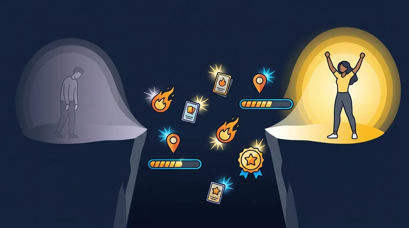 Illustration showing gamification elements like streaks, collectible cards, achievement badges, and progress bars bridging the motivation gap between declining novelty and intrinsic exercise reward