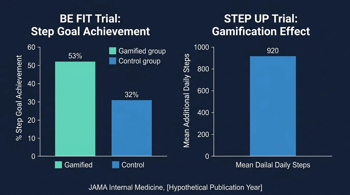 BE FIT and STEP UP clinical trial results showing gamified fitness interventions increased step goal achievement from 32 to 53 percent and added 920 daily steps published in JAMA Internal Medicine