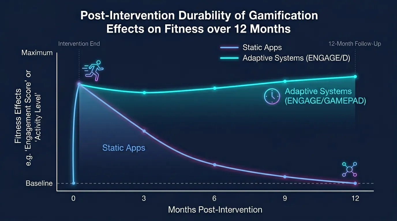 Longitudinal chart showing post-intervention durability of gamification effects on fitness with static apps declining versus adaptive systems like ENGAGE and GAMEPAD maintaining or growing gains