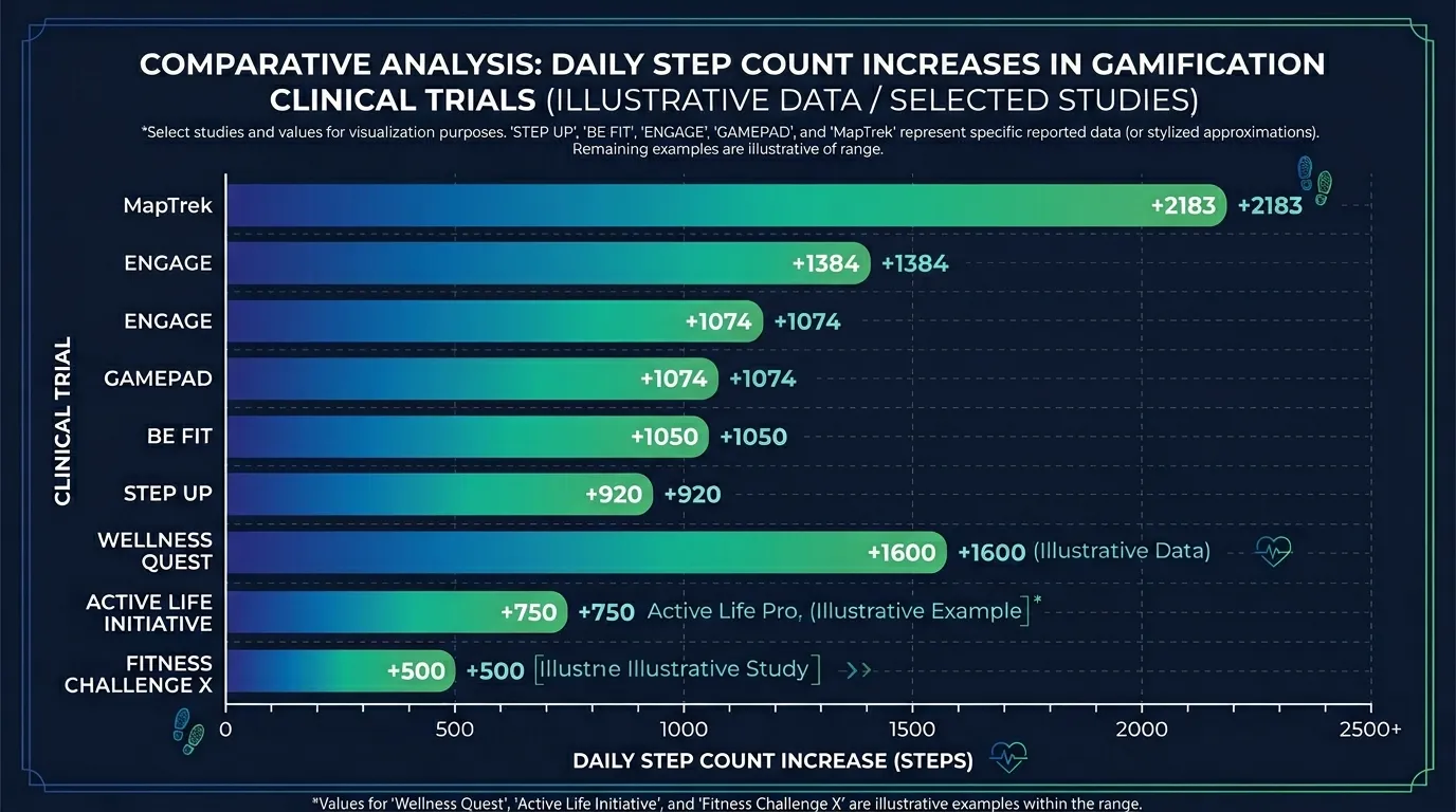 Horizontal bar chart comparing daily step count increases across 8 gamification clinical trials from STEP UP to MapTrek showing ranges from 500 to 2183 additional steps per day