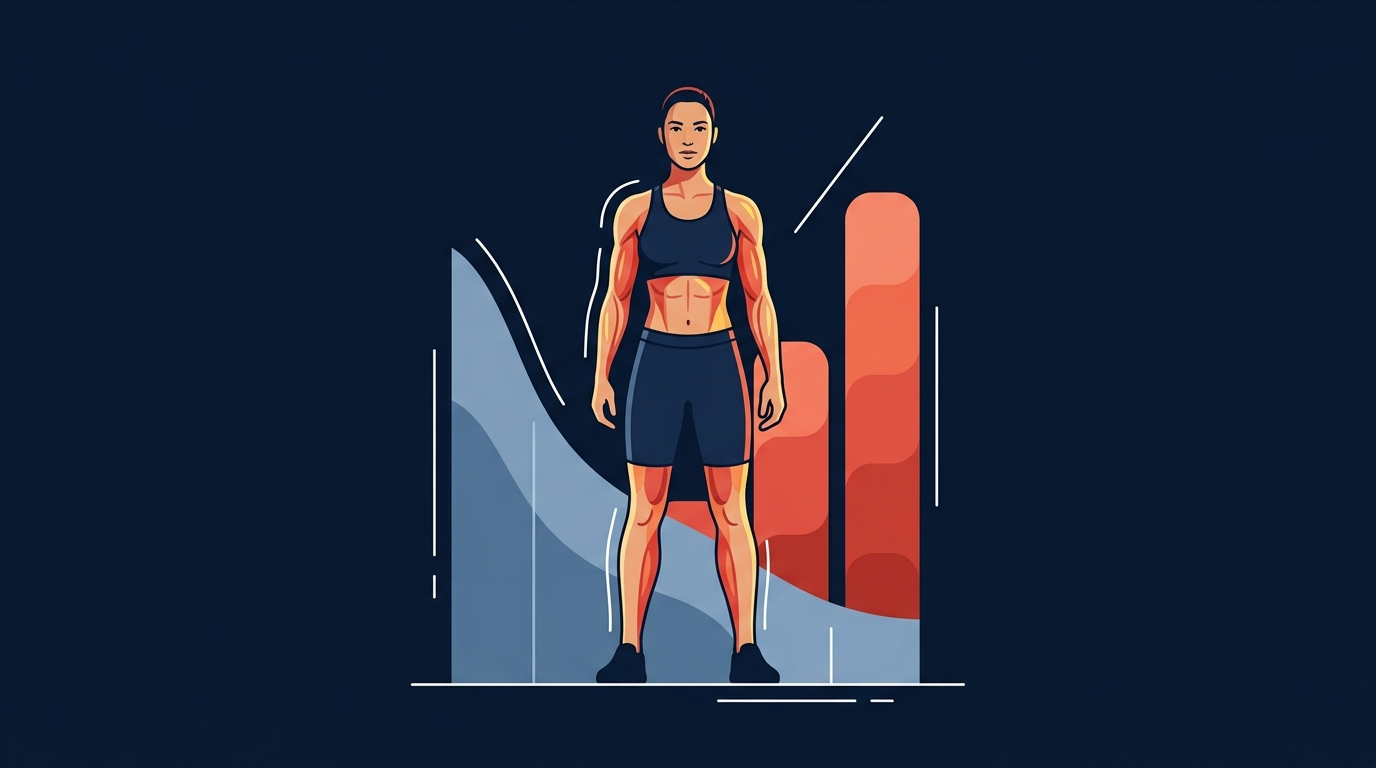 Editorial illustration showing body weight falling while muscle mass rises during GLP-1 weight loss combined with resistance training