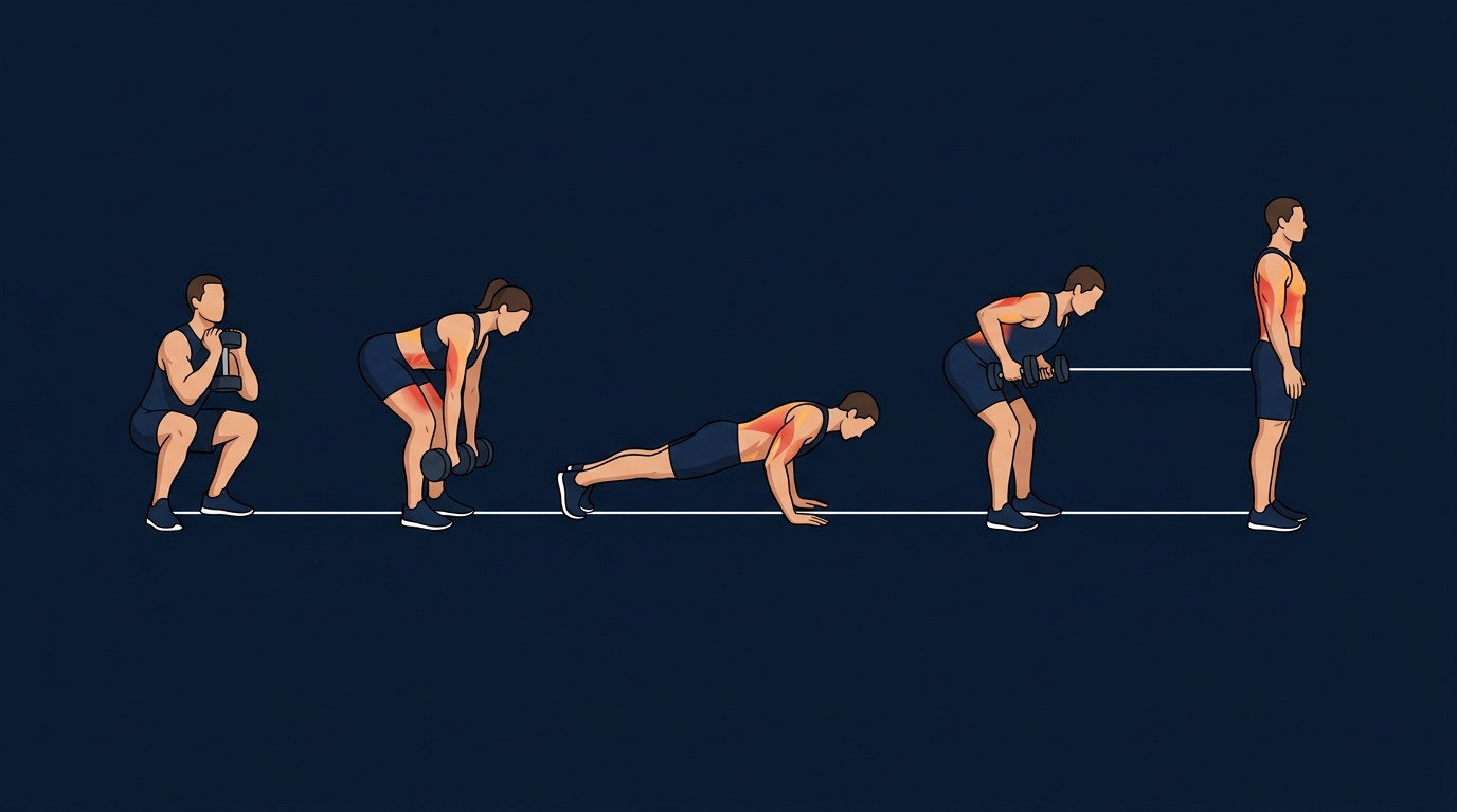 Editorial illustration of five fundamental strength training movement patterns: squat, hip hinge, push-up, bent-over row, and standing core hold