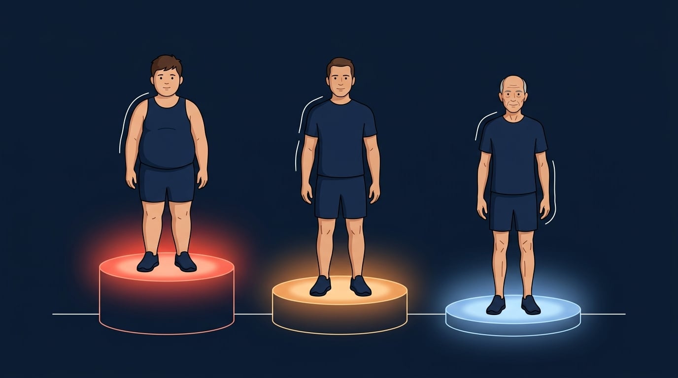 Editorial illustration showing three people with different training histories and ages having different expected muscle building responses on GLP-1 therapy