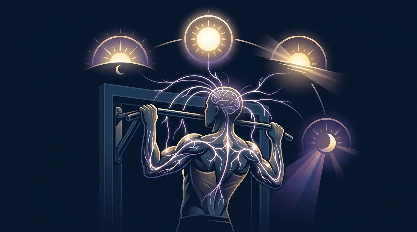 Editorial illustration showing a person doing brief submaximal pull-up sets at multiple times throughout the day, with neural pathway lines indicating motor pattern reinforcement
