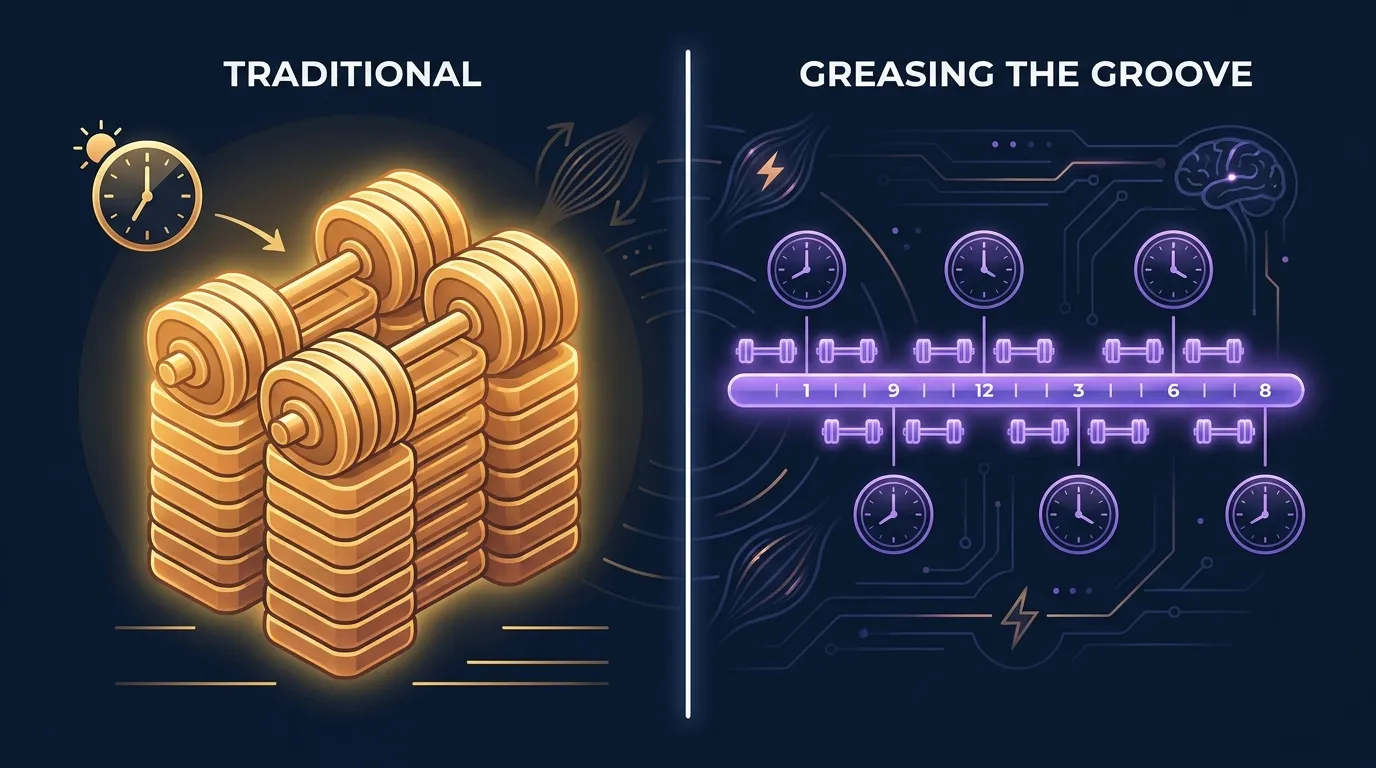 Editorial illustration contrasting a single concentrated daily workout block with the distributed many-times-per-day pattern of greasing the groove