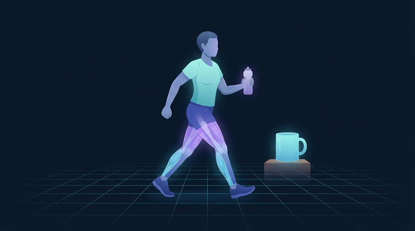 Illustration d'une personne marchant sur un chemin de parc en tenue de sport, une bouteille d'eau à la main, montrant que les essais humains associaient les catéchines du thé vert à l'exercice et à une modération calorique modeste
