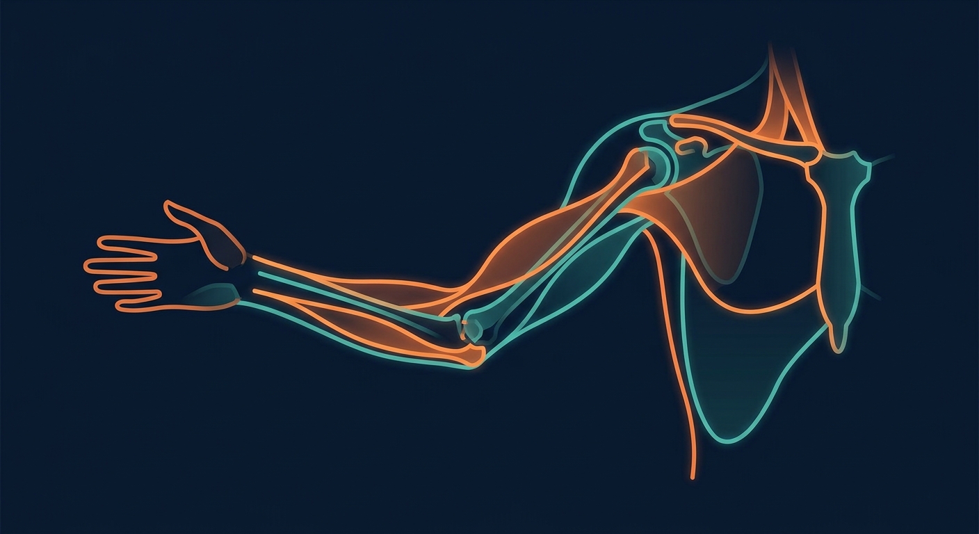 Illustration showing the connection between hand grip and full-body muscular system with highlighted muscle chains running from hands through arms shoulders and core