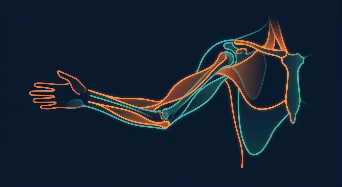 Illustration showing the connection between hand grip and full-body muscular system with highlighted muscle chains running from hands through arms shoulders and core