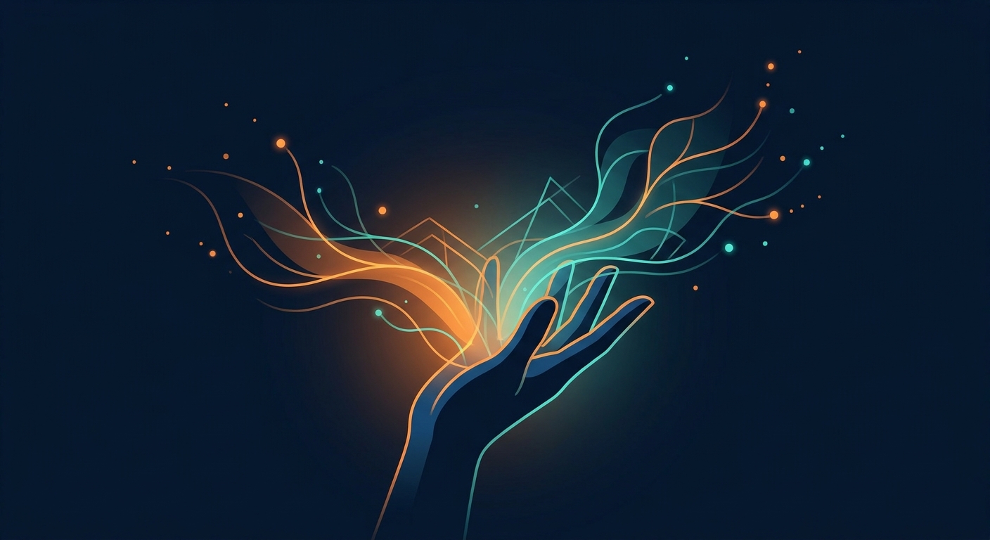 Illustration of a hand gripping with radiating energy lines symbolizing the connection between muscular strength and overall health and longevity