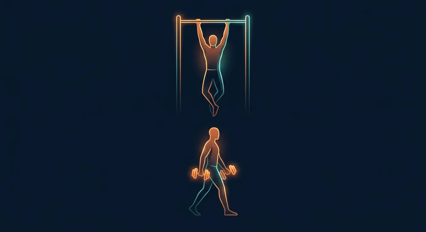 Illustration showing bodyweight and dumbbell exercises that build grip strength including dead hangs farmer carries and pulling movements