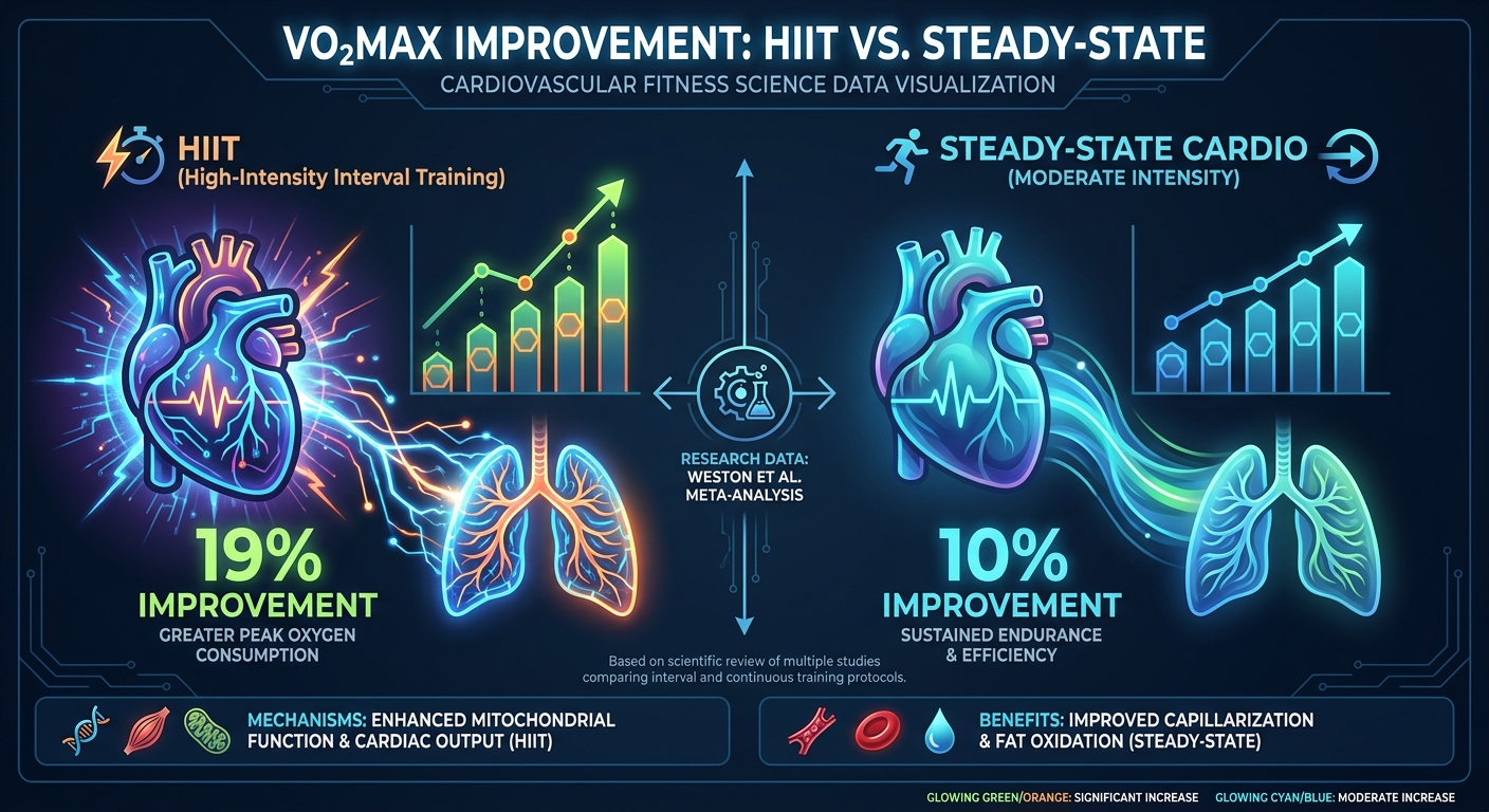 Chart comparing VO2max improvements between HIIT and moderate intensity continuous training showing HIIT produces nearly double the cardiovascular gains at 19 percent versus 10 percent