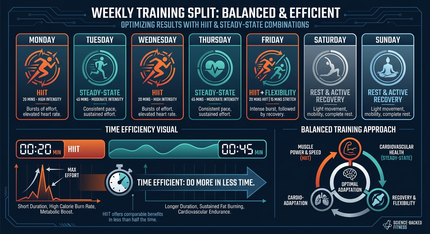 Infographic showing a practical weekly training split combining 2 to 3 HIIT sessions with 1 to 2 steady-state sessions for optimal results based on current research