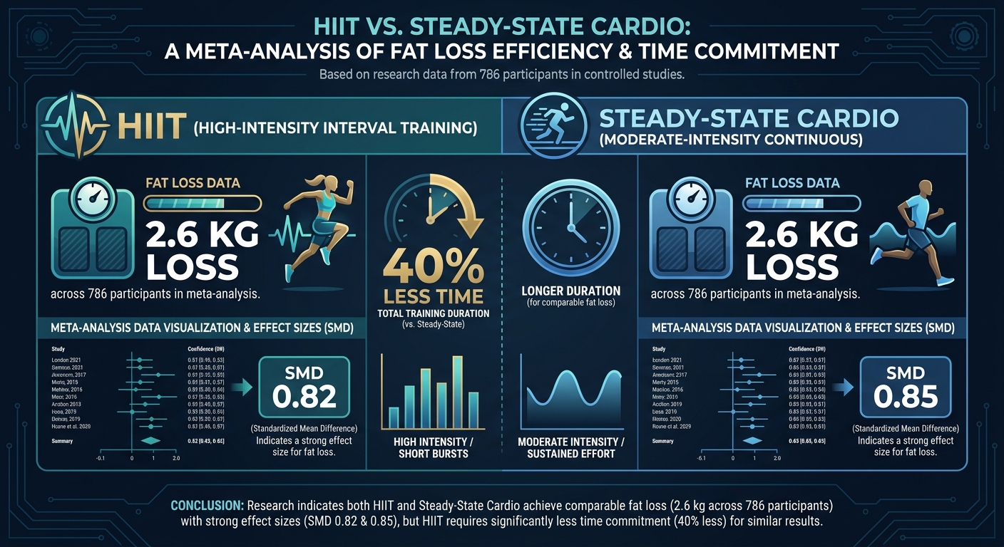 Research comparison infographic showing HIIT and steady-state cardio producing similar fat loss of 2.6 kg across 786 participants with HIIT requiring 40 percent less training time