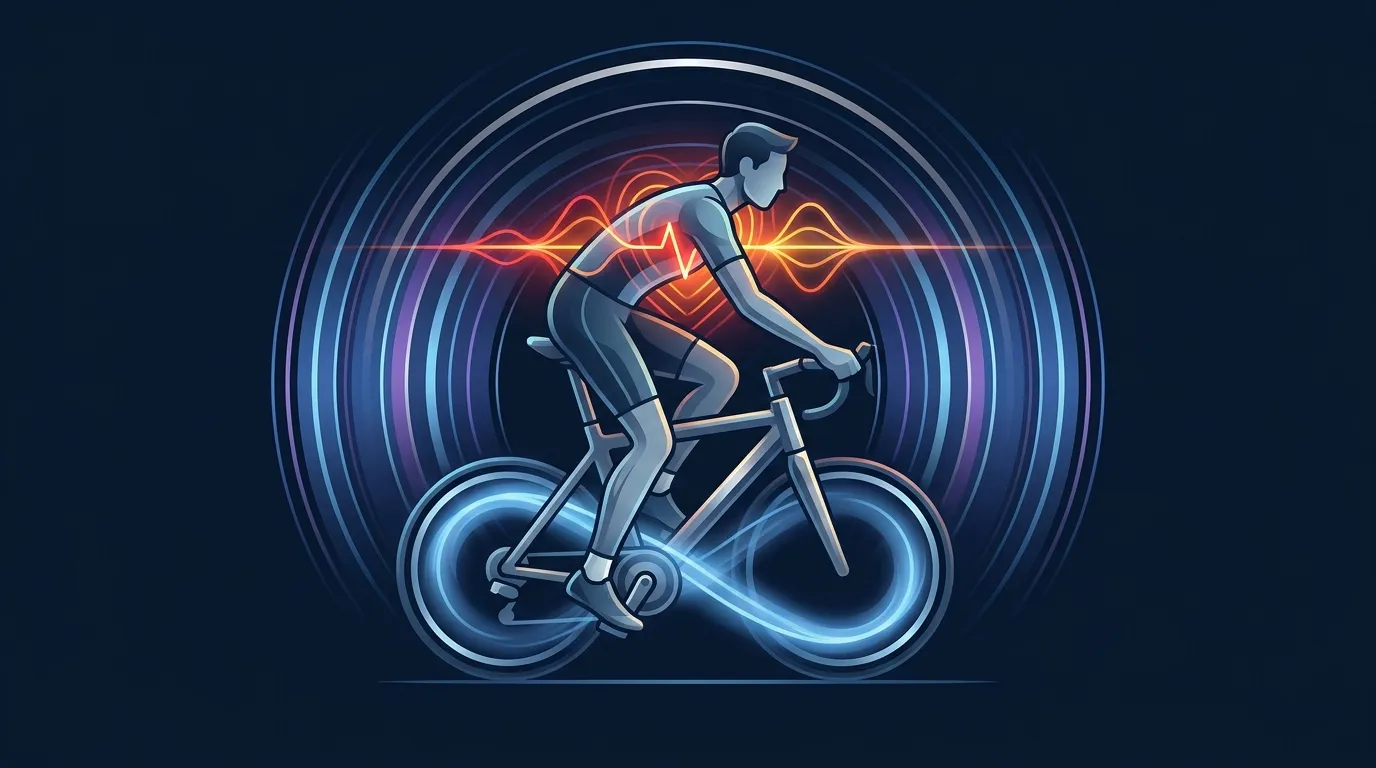 Ilustración conceptual de una persona pedaleando en una bicicleta estática rodeada de marcadores de frecuencia cardíaca alta y baja fuerza de reacción del suelo, que representa el entrenamiento de alta intensidad y bajo impacto