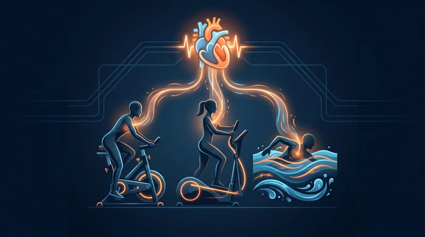 Visualización conceptual de tres modalidades de HILIT (bicicleta estática, elíptica e intervalos en piscina) como caminos paralelos que ofrecen una adaptación cardiorrespiratoria equivalente