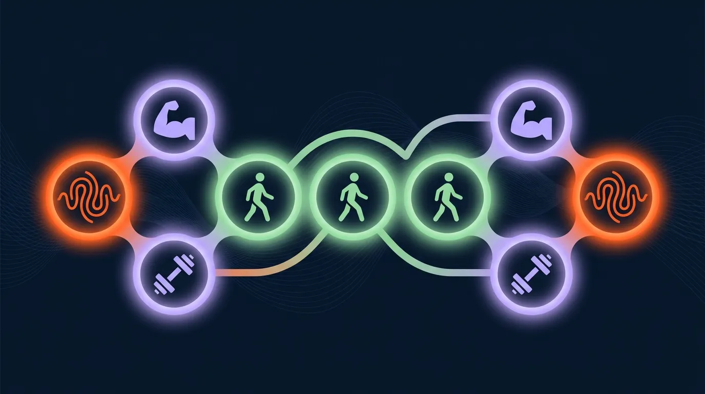 Visualización conceptual de un plan de entrenamiento semanal que combina dos sesiones de HILIT con entrenamiento de fuerza y caminata diaria, ilustrando la forma recomendada para la mayoría de los adultos