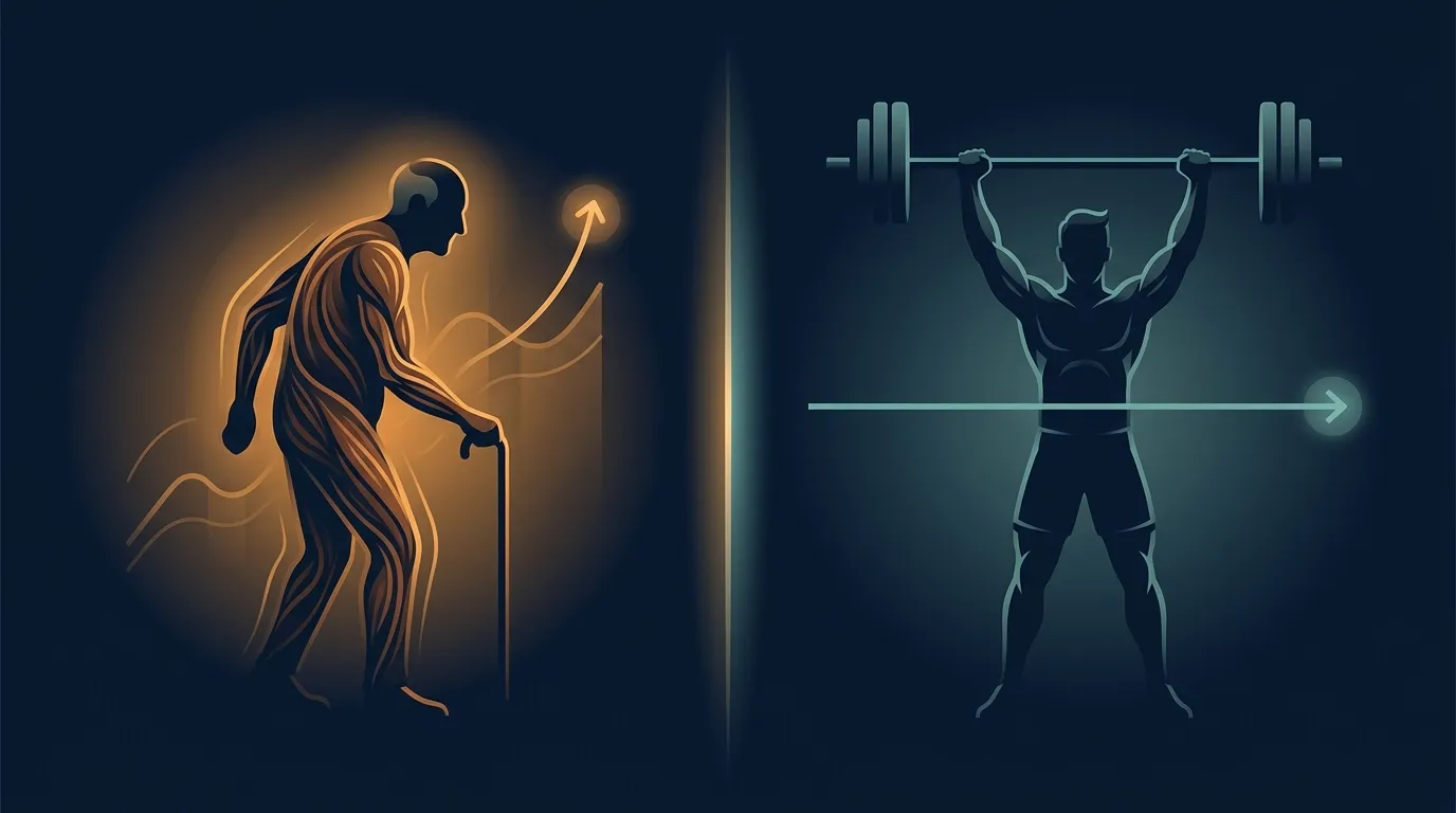 Konzeptionelle Split-Illustration, die einen älteren Erwachsenen bei der Erholung von Bettruhe einem jungen, krafttrainierten Sportler gegenüberstellt und zeigt, wo HMB hilft und wo die Evidenz schwächer ist