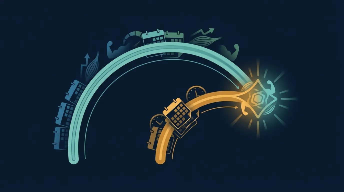 Konzeptionelle Illustration des 12-Wochen-Zeitfensters, das nötig ist, damit sich HMB-Vorteile bei älteren Erwachsenen zeigen, im Vergleich zu einem kürzeren Bettruhe-Fenster, in dem Inaktivitätseffekte zuerst auftreten