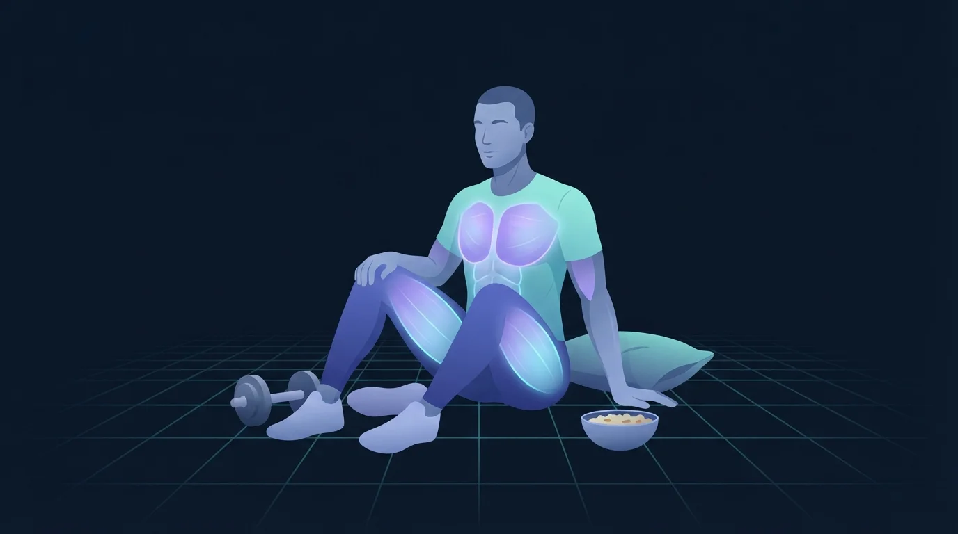 Illustration einer Person, die auf einem türkisfarbenen Rasterboden neben einer Kurzhantel, einer Schüssel Essen und einem Kissen sitzt, mit leuchtenden Brust- und Oberschenkelmuskeln, um wöchentliche Sätze, Proteinzufuhr und Schlaf als die drei Hebel zu zeigen, die den Wachstumszeitplan bestimmen