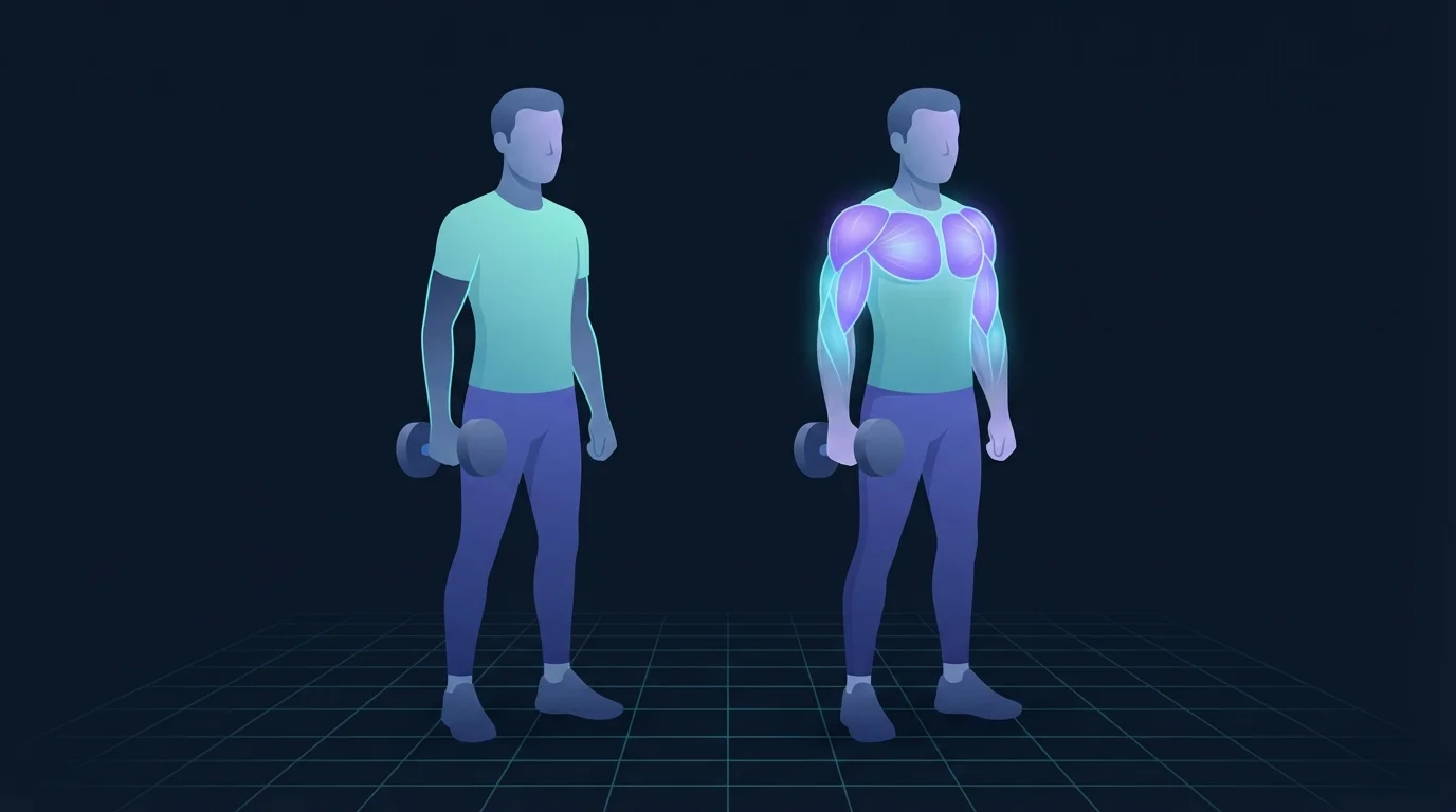 Illustration von zwei gleich großen Personen, die auf einem türkisfarbenen Rasterboden stehen und Kurzhanteln halten, die linke Figur schlank mit einer schwachen Kontur am Arm und die rechte sichtbar muskulöser mit leuchtender Brust, Schultern und Armen, um zu zeigen, was Monate des Trainings verändern und was Wochen nicht verändern