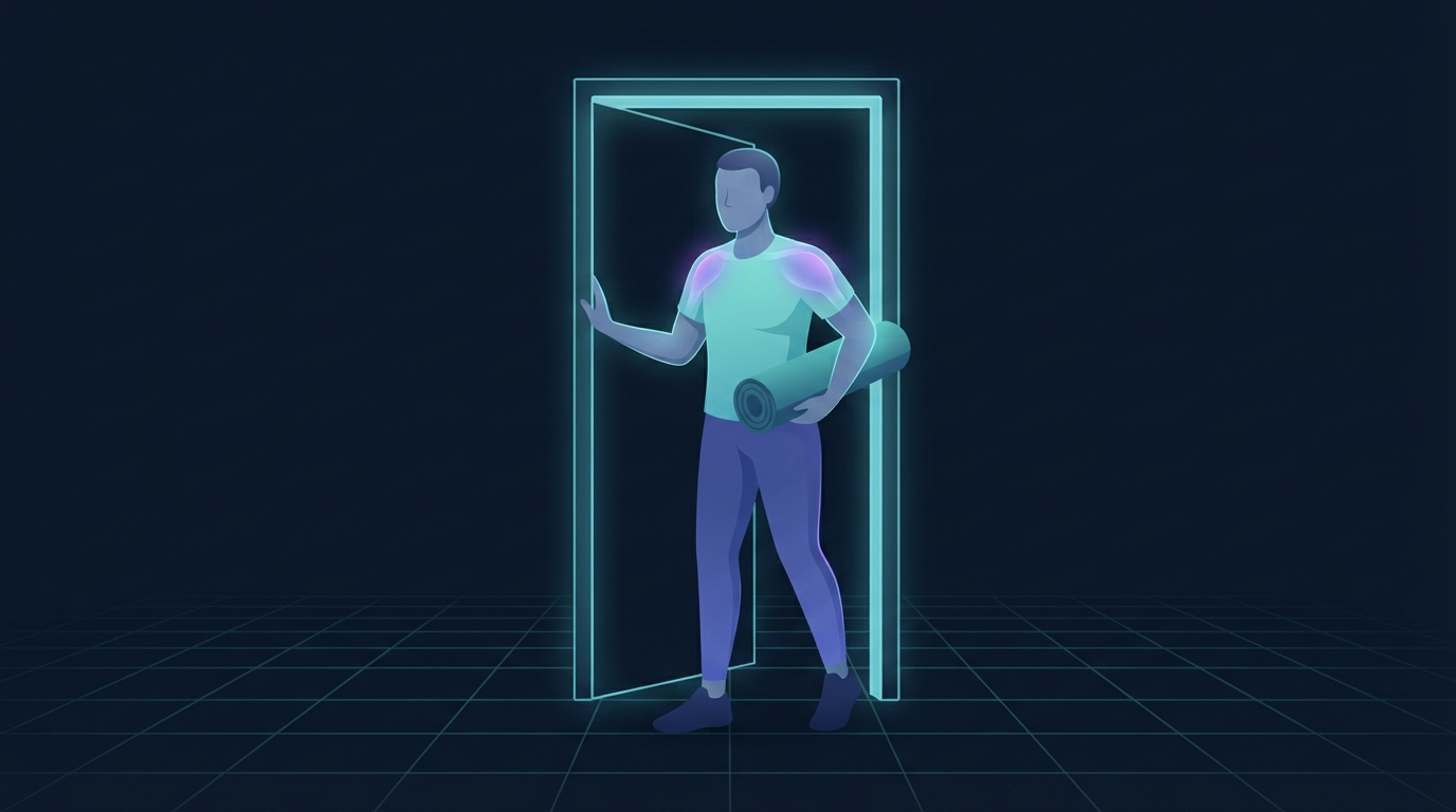Illustration einer Person, die in einer Tür steht und eine aufgerollte Yogamatte hält, stellvertretend für das Verankern einer neuen Trainingsgewohnheit an einem verlässlichen täglichen Reiz