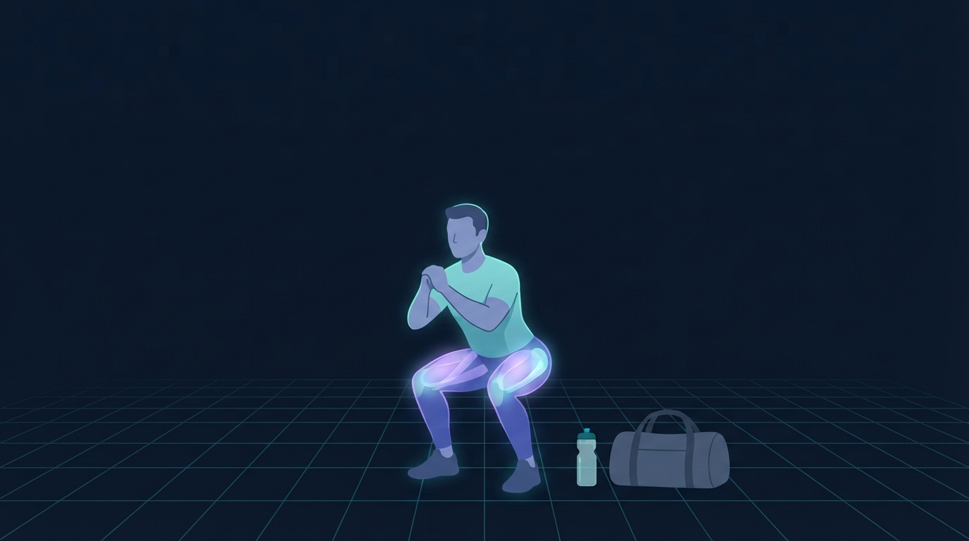 Illustration einer Person, die eine Kniebeuge mit dem eigenen Körpergewicht ausführt, daneben eine Sporttasche und eine Wasserflasche, stellvertretend für die vier wöchentlichen Einheiten, die zum Aufbau einer Trainingsgewohnheit nötig sind