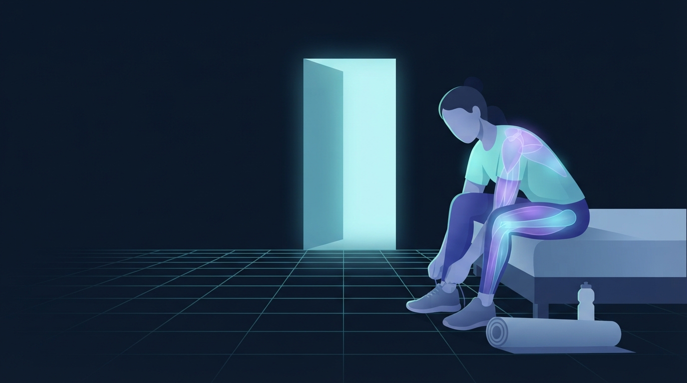 Illustration einer Person, die am Bettrand sitzt und einen Trainingsschuh schnürt, daneben eine aufgerollte Matte und eine Wasserflasche, mit einer leuchtenden Tür im Hintergrund, die die tägliche Wiederholung zeigt, die eine Trainingsgewohnheit aufbaut