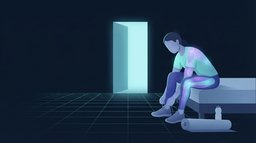 Illustration einer Person, die am Bettrand sitzt und einen Trainingsschuh schnürt, daneben eine aufgerollte Matte und eine Wasserflasche, mit einer leuchtenden Tür im Hintergrund, die die tägliche Wiederholung zeigt, die eine Trainingsgewohnheit aufbaut